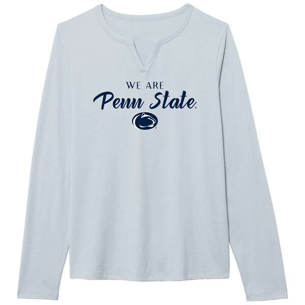 women's light blue long sleeve v-notch t-shirt with We Are Penn State above Athletic Logo